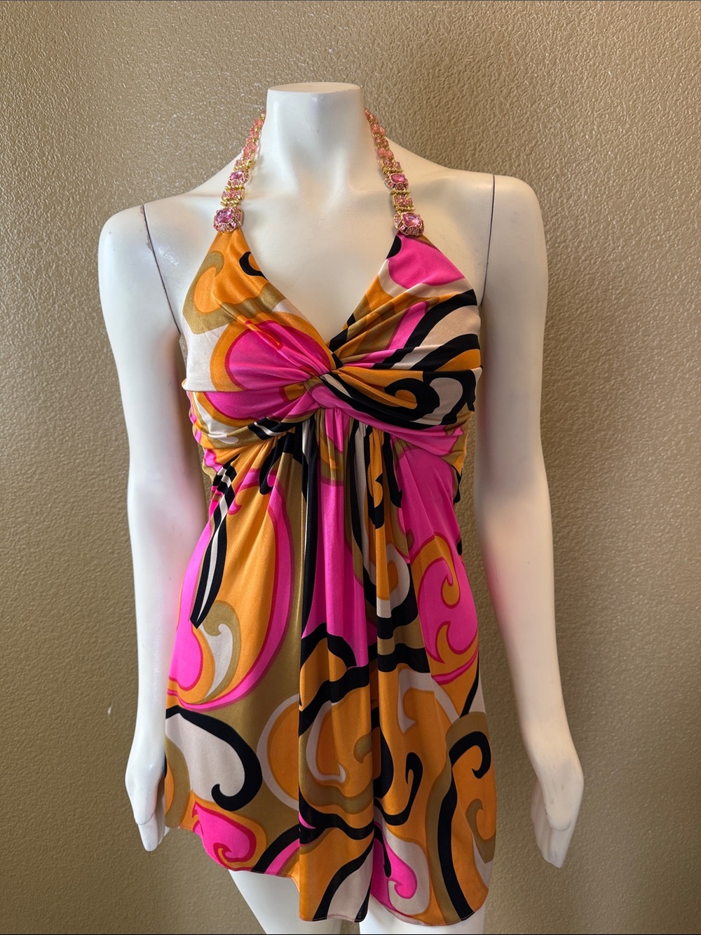 Y2K Vintage 100% Silk Sky Pink & Gold Mini Dress with Jeweled halter